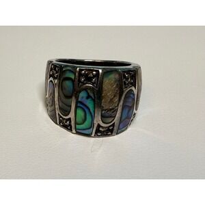 925 Sterling Silver Abalone Shell Marcasite Mosaic Wide Band Ring Size 7 Vintage